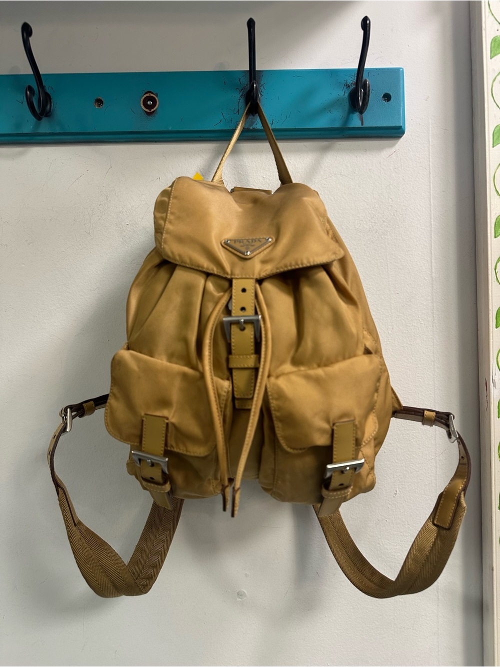Prada Mustard Nylon Drawstring Backpack with Front Pockets